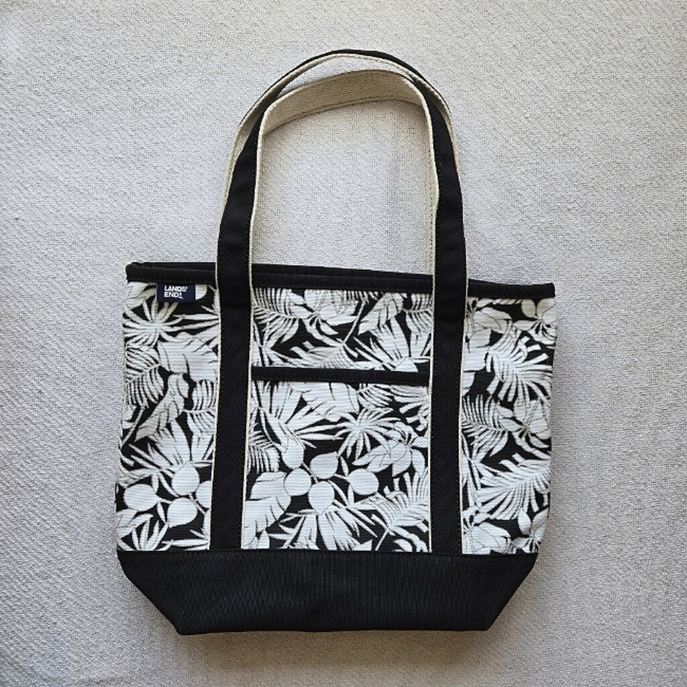 Lands' End Black and White Fern Print Canvas Tote